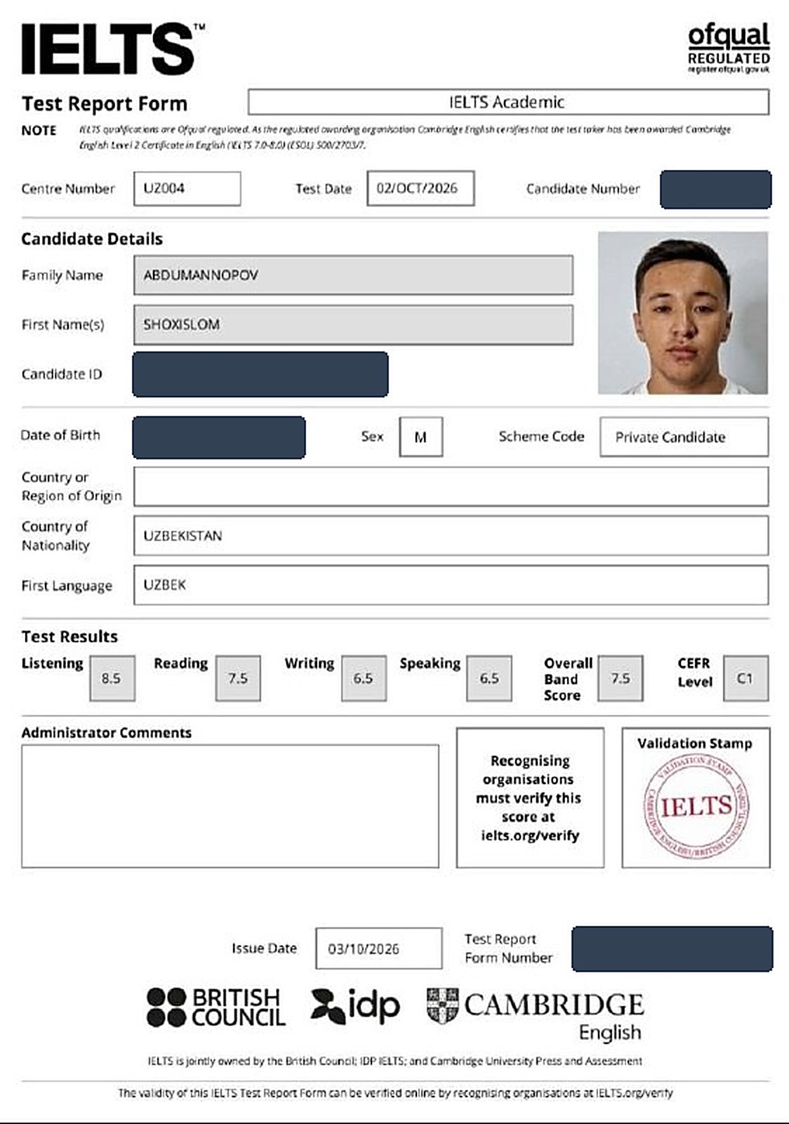 IELTS Test Report Form (personal details covered)